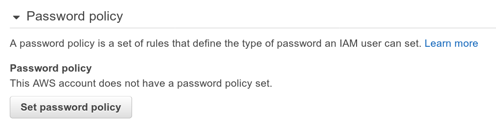 AWS Web console -IAM password policy screenshot