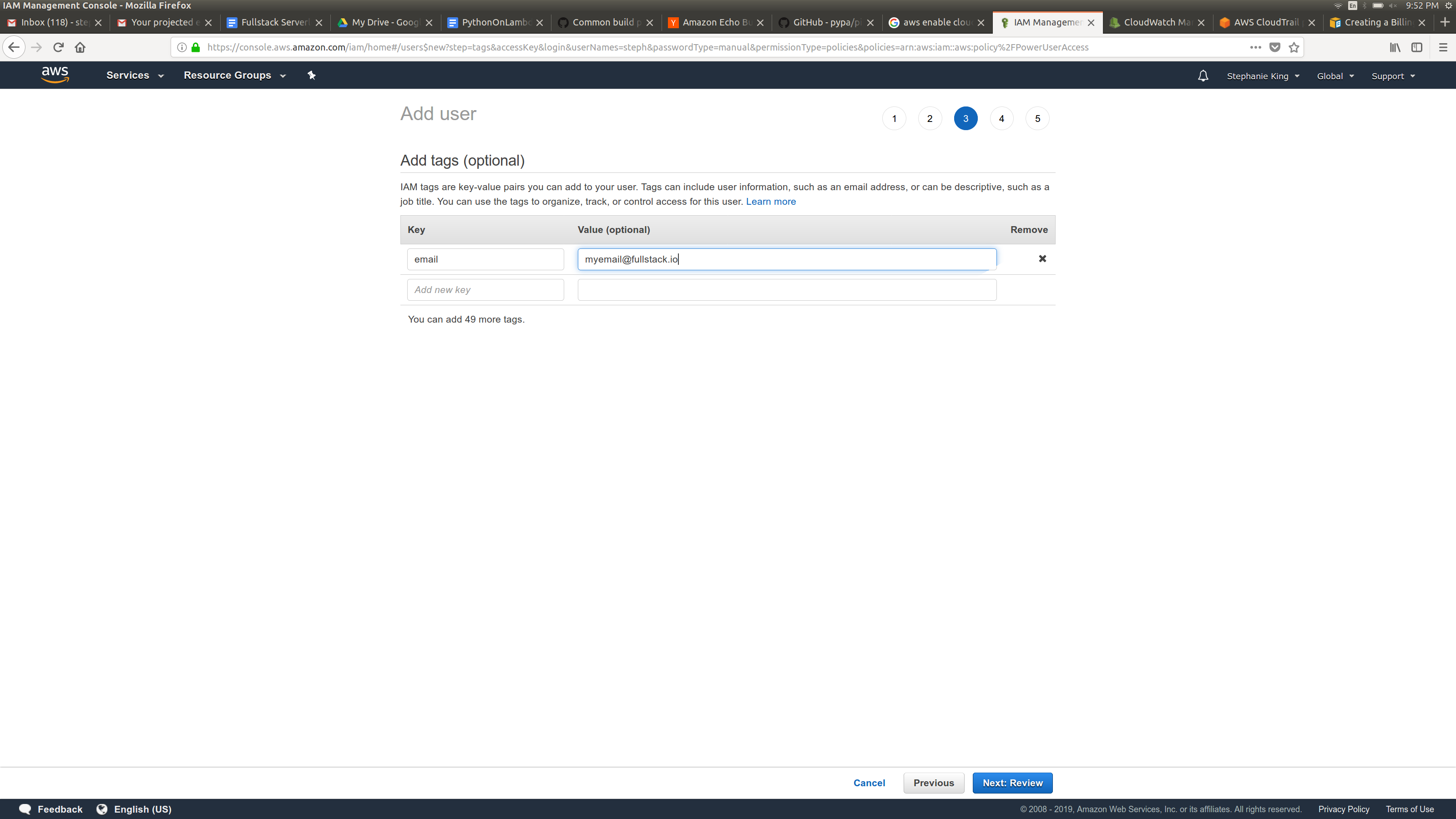 AWS Web console -Add IAM User permissions screenshot