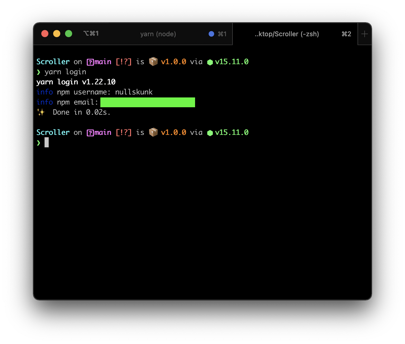 Screenshot showing the yarn login command.