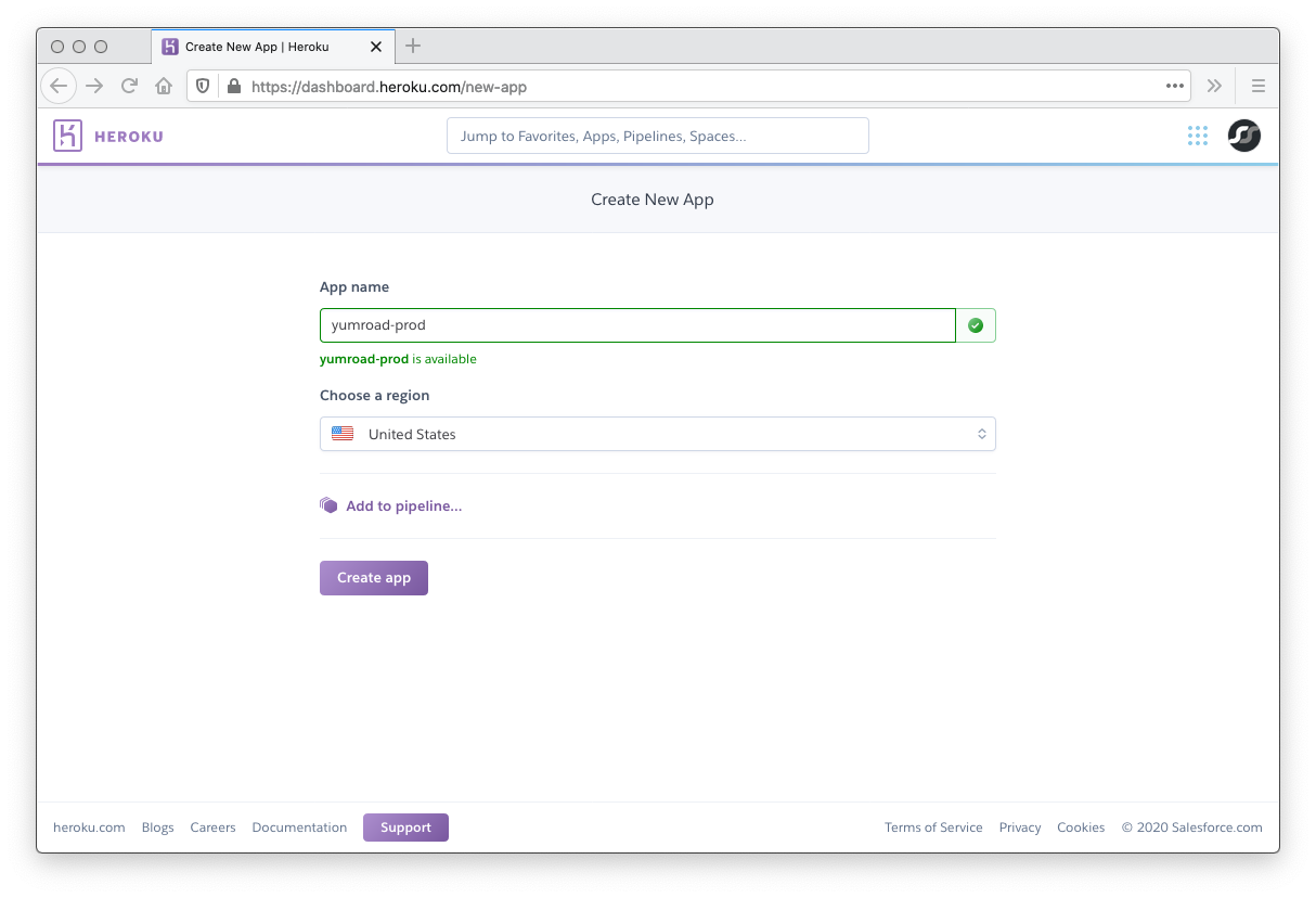 Heroku Create Application Page