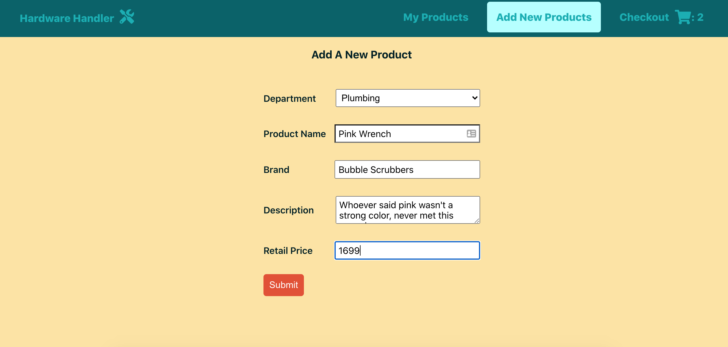hardware handler add new products page in browser