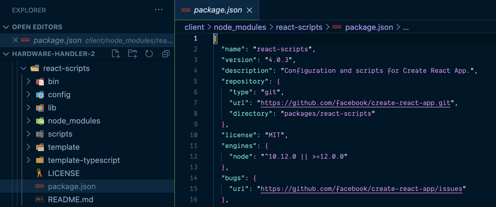 screenshot of updated react-scripts version in the package.json dependencies