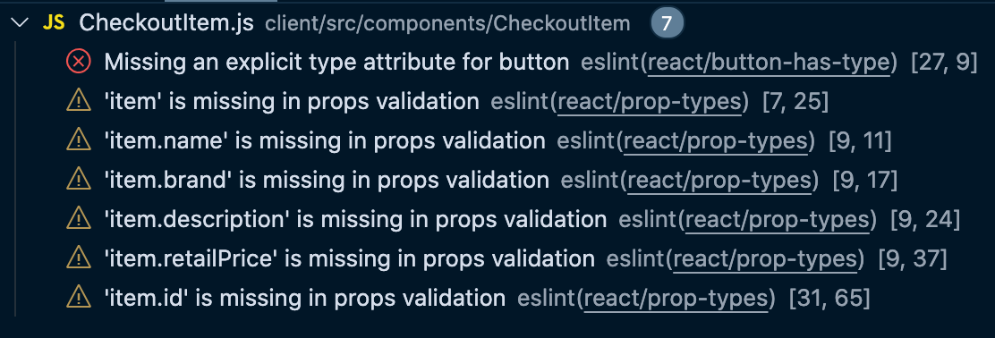 ESLint errors present in the `CheckoutItems.js` file