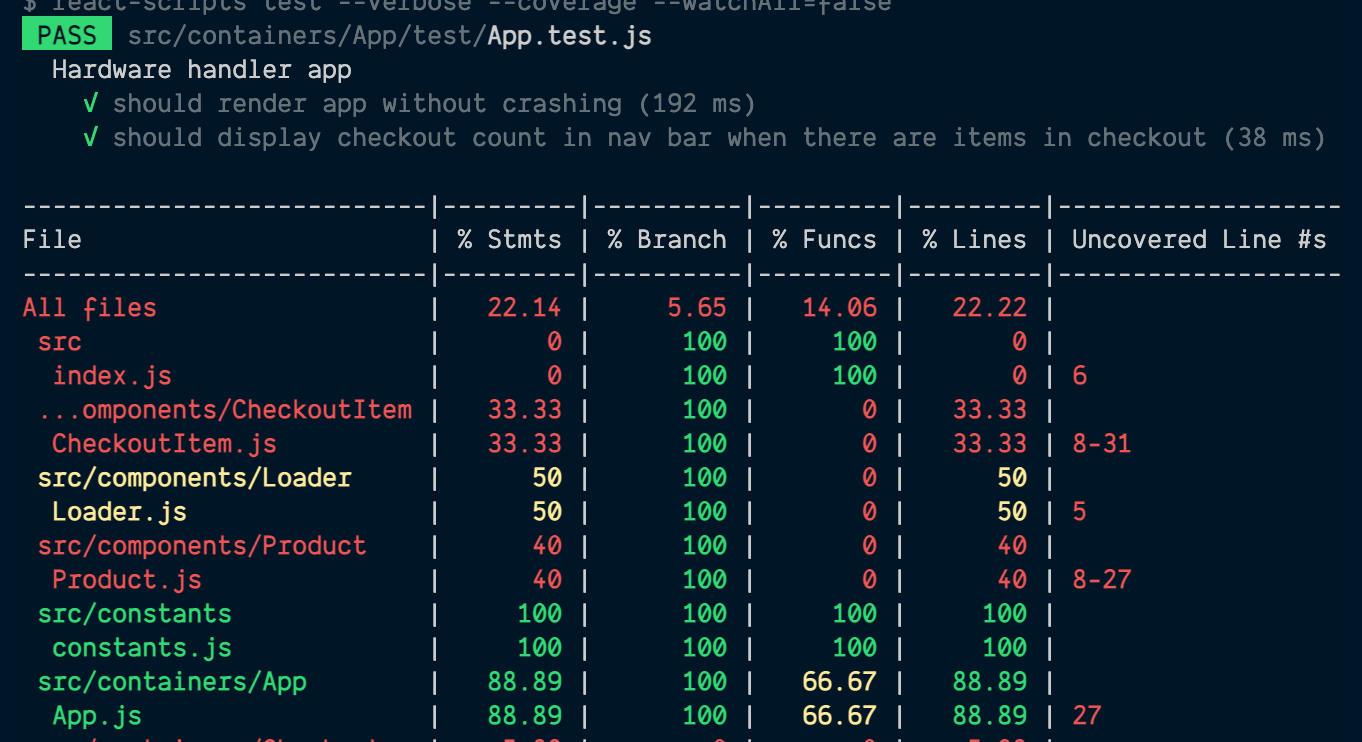 Newly updated terminal output of code coverage for App.js file