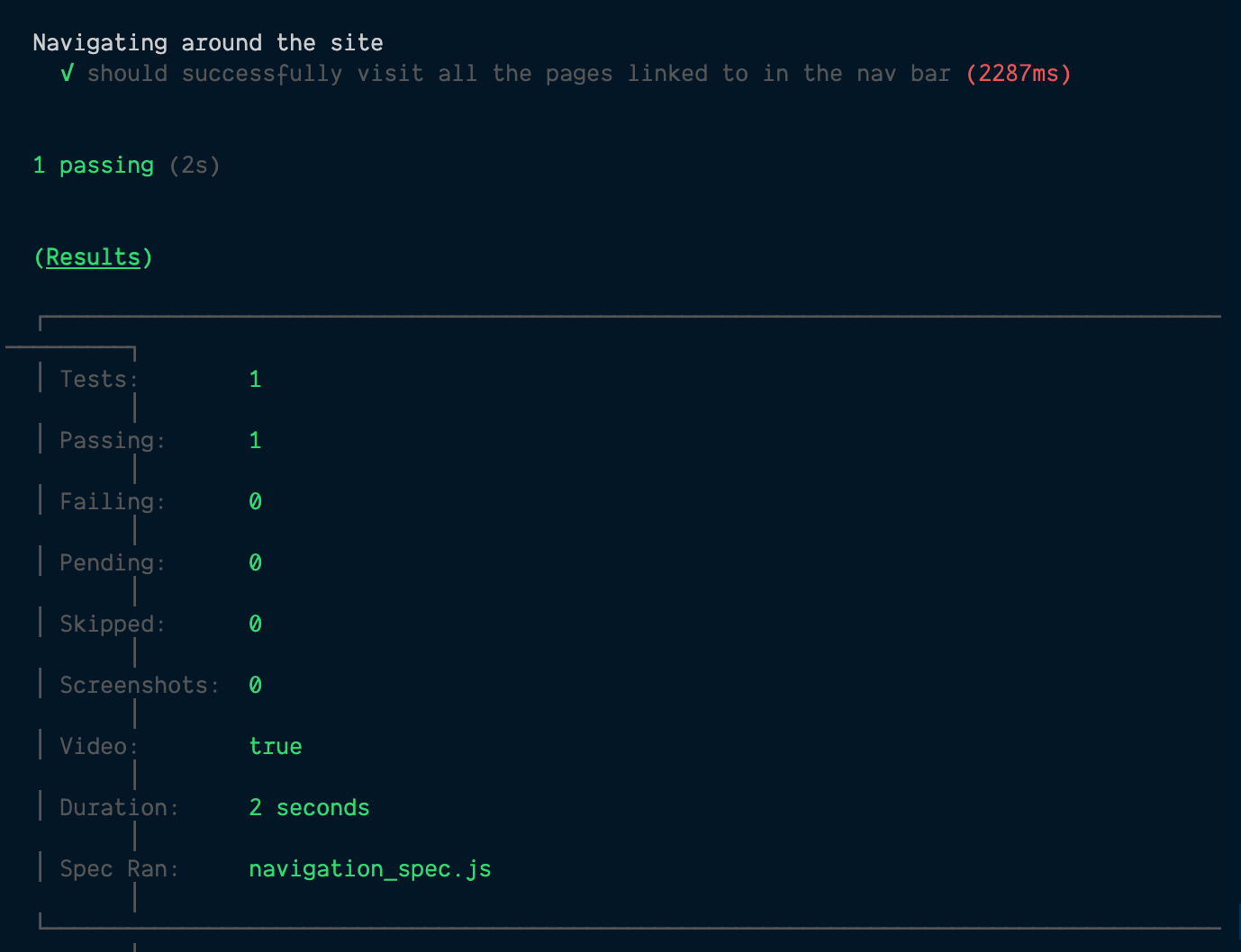 Terminal output of the first successful Cypress test