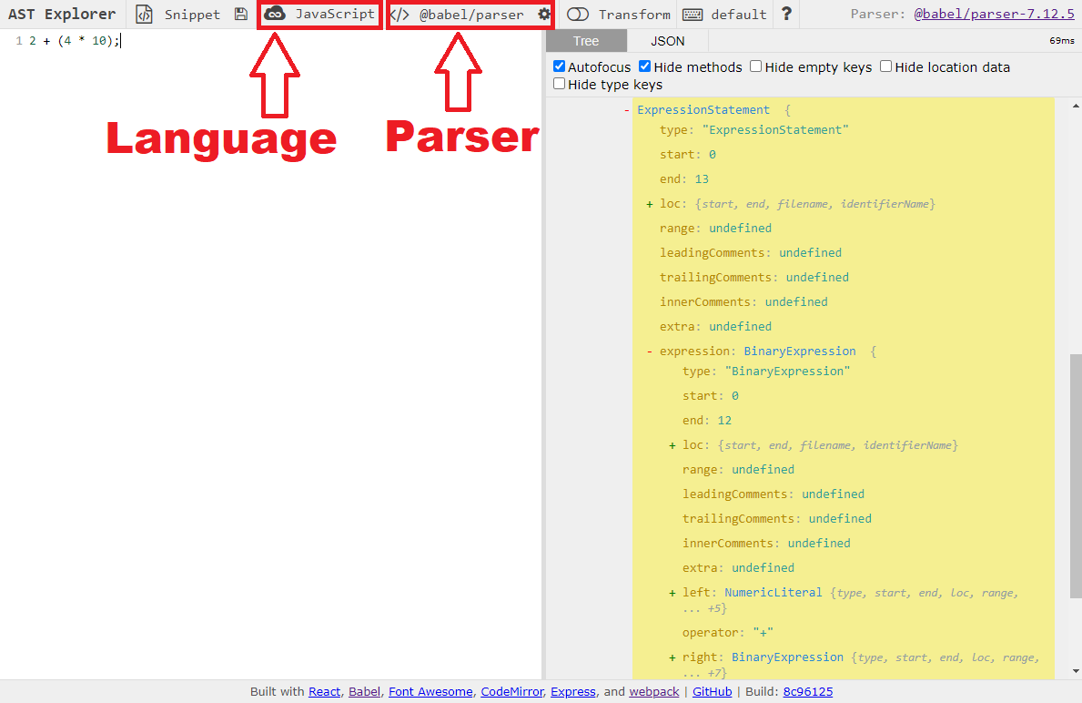 Screenshot of astexplorer.net language and parser
