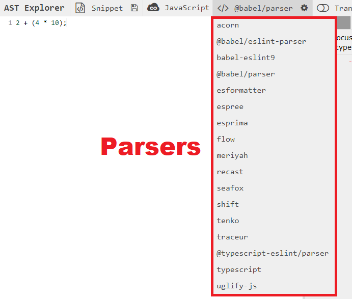 Screenshot of astexplorer.net parsers